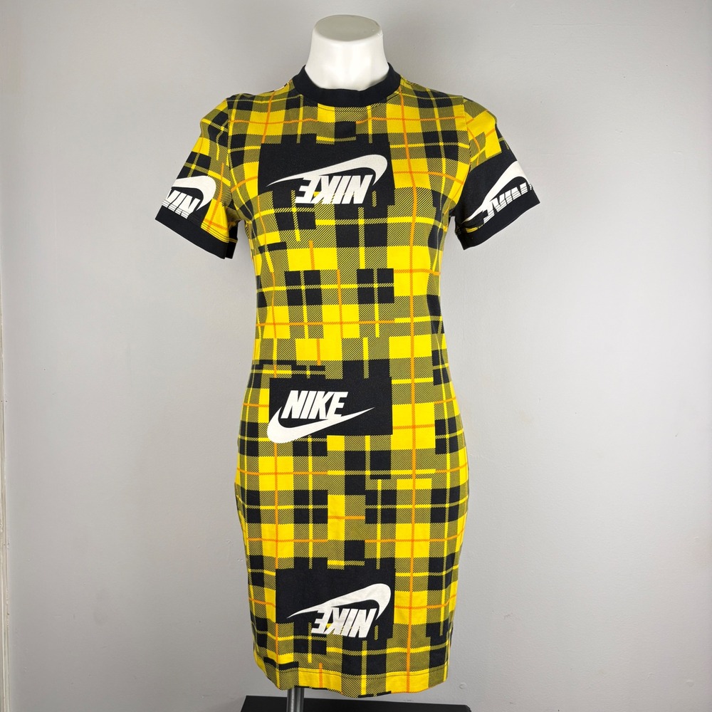 Nike Sportswear Women Yellow Black Plaid Logo Bodycon Mini Dress Large AR3075